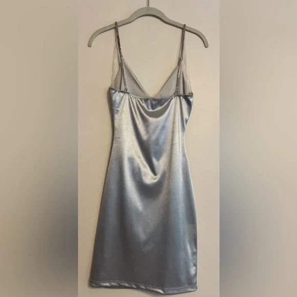 Silver/Light Blue Silky Cutout Front Mini Dress NWT - Picture 6 of 6